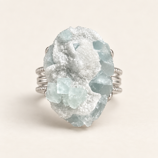 Glacier Bloom Ring front view with pale aqua natural-stone cluster and silver-tone multi-rail band