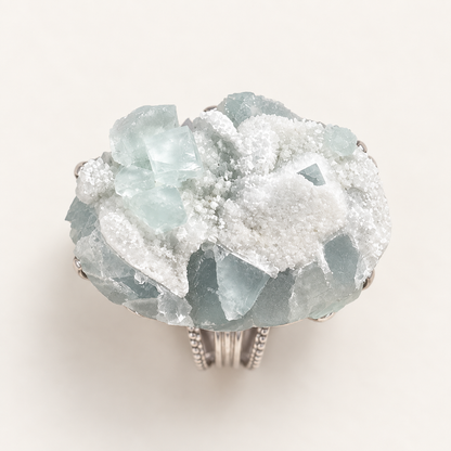 Glacier Bloom Ring top view showing the irregular pale aqua natural-stone texture