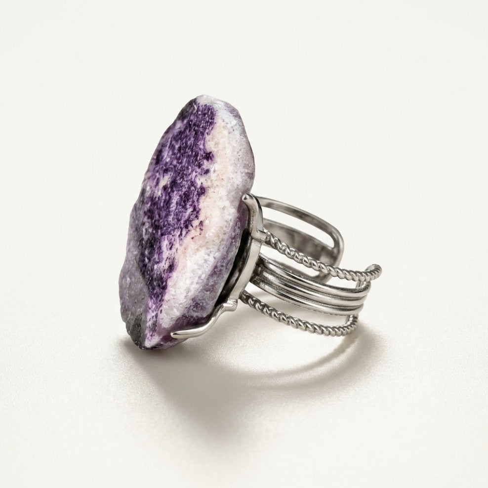 Violet Mist ring in violet tones, shown from the side.