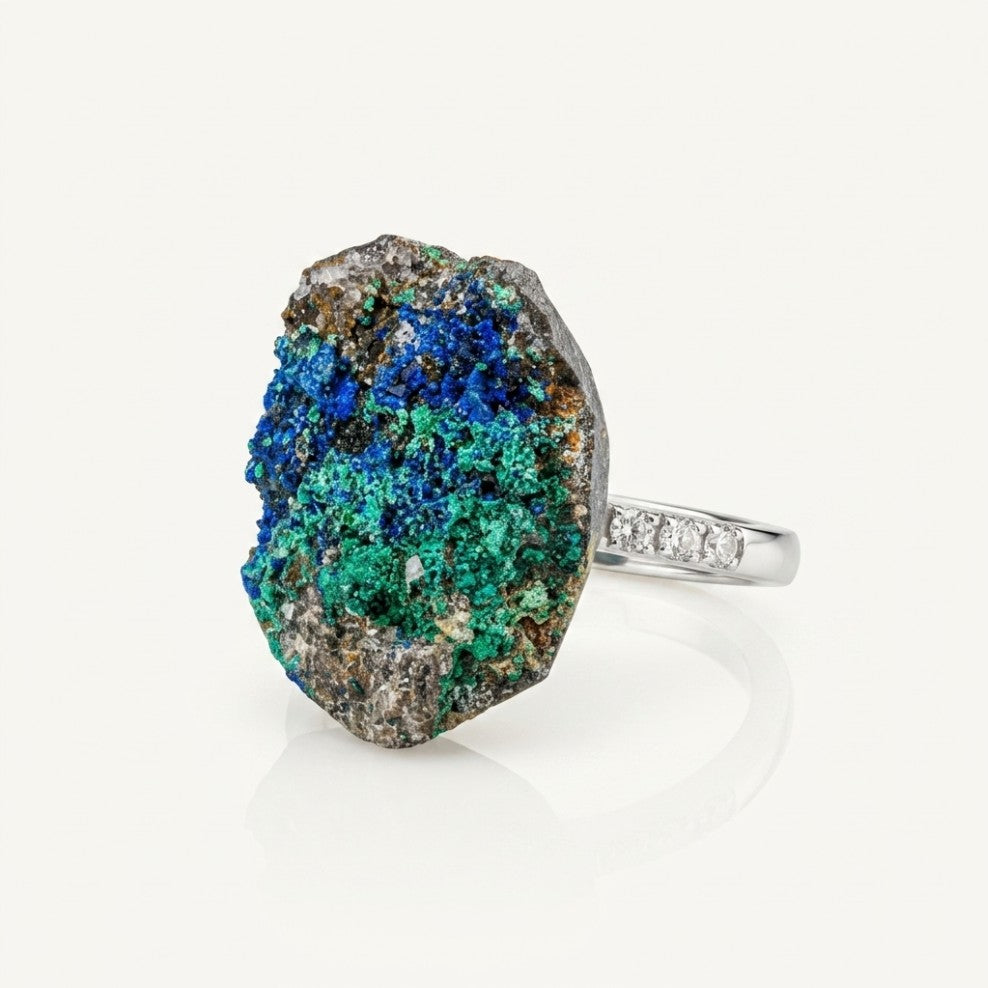 Forest Vessel ring in blue-green tones, shown from the front.