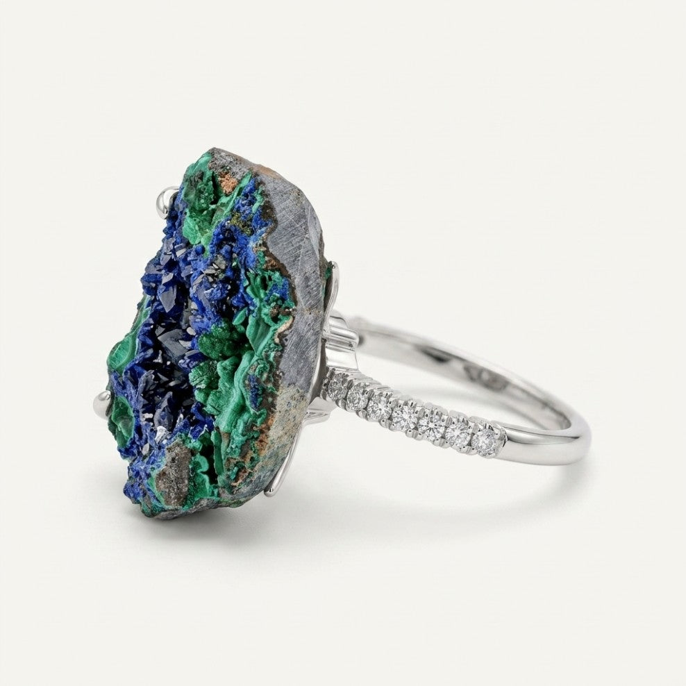 Forest Vessel ring in blue-green tones, shown from the rear to reveal the setting.