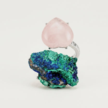 Front view of Rose Horizon, a sculptural ring with rose tones.