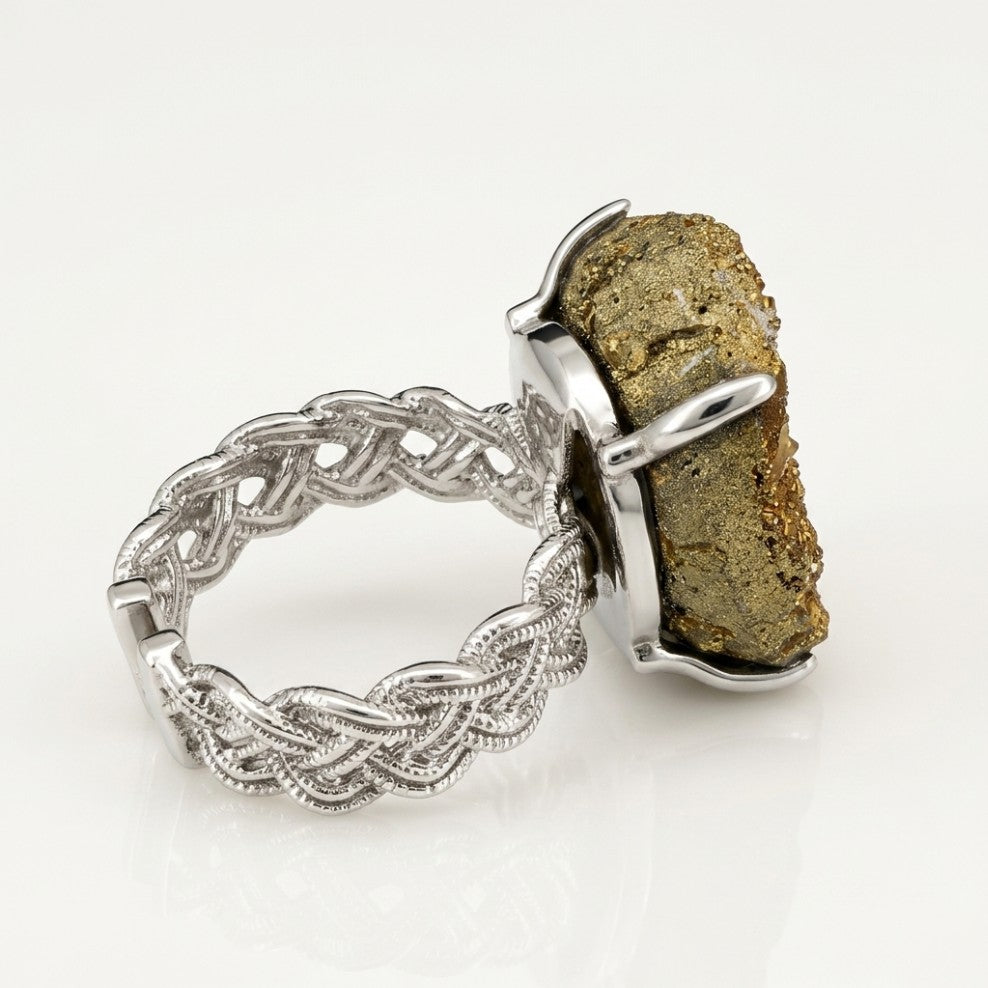 Earthscript ring in earth tones, shown from the side.