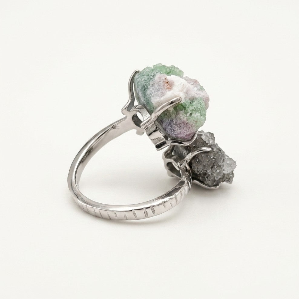 Verdant Bridge ring in green and silver tones, shown from the front.