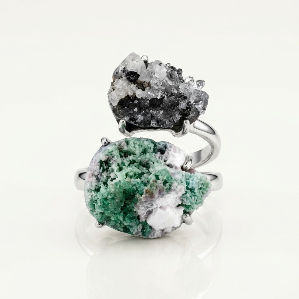 Verdant Bridge ring in green and silver tones, shown at a three-quarter angle.