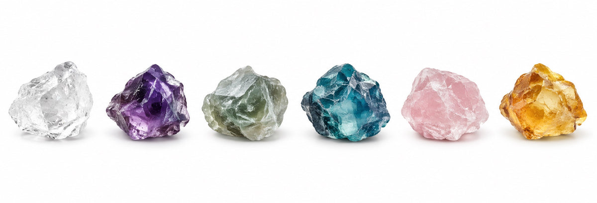 Six mineral forms arranged by visible color