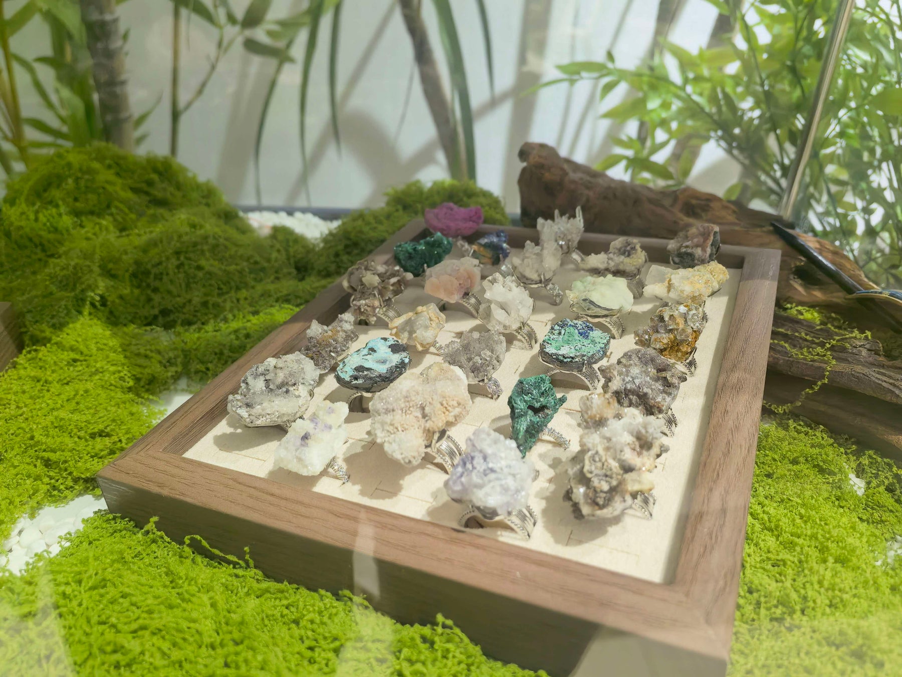ENERGYENER sculptural rings arranged in a moss-lined display