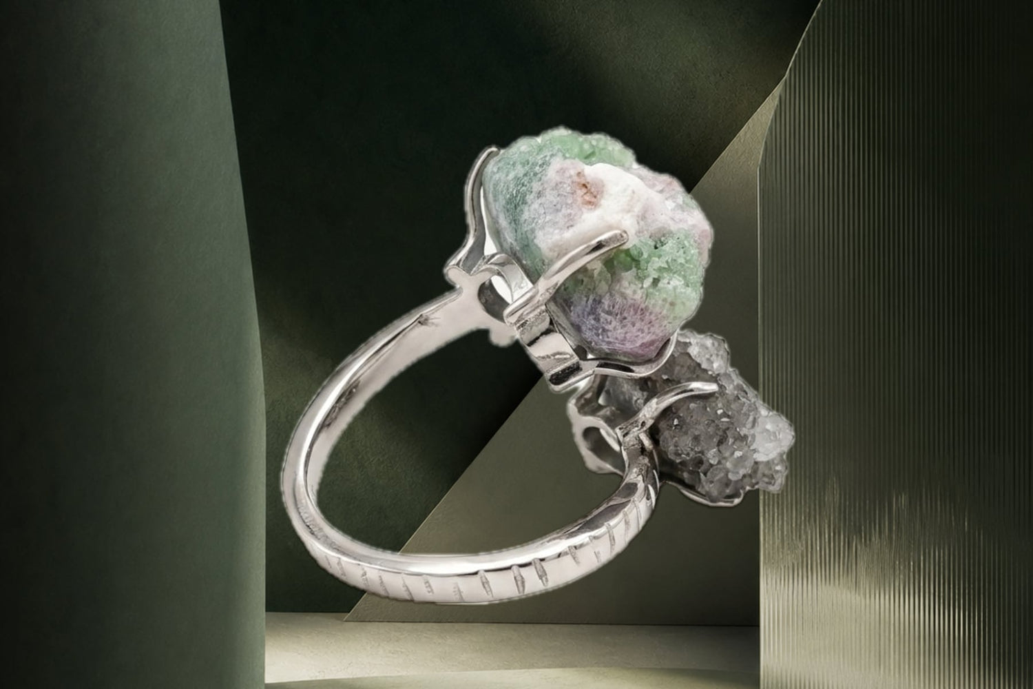 JWL-027 Verdant Bridge ring in forest green sculptural light